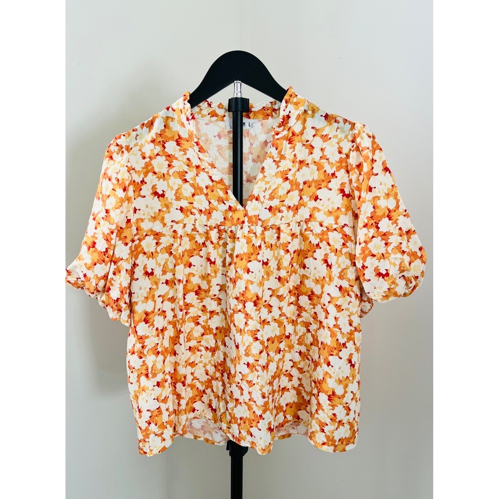 THML Orange Floral V-Neck Ruffle Collar Puff Sleeve Babydoll Blouse FTM2257-2-PA